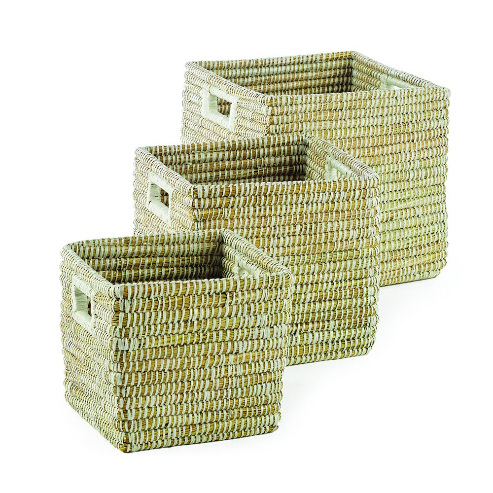 Napa White Rivergrass Square Baskets With Handles, Set Of 3