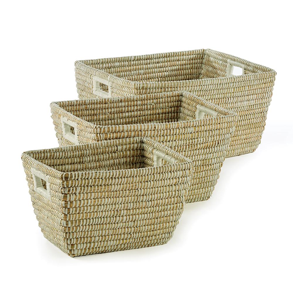 Napa White Rivergrass Rectangular Baskets With Handles, Set Of 3