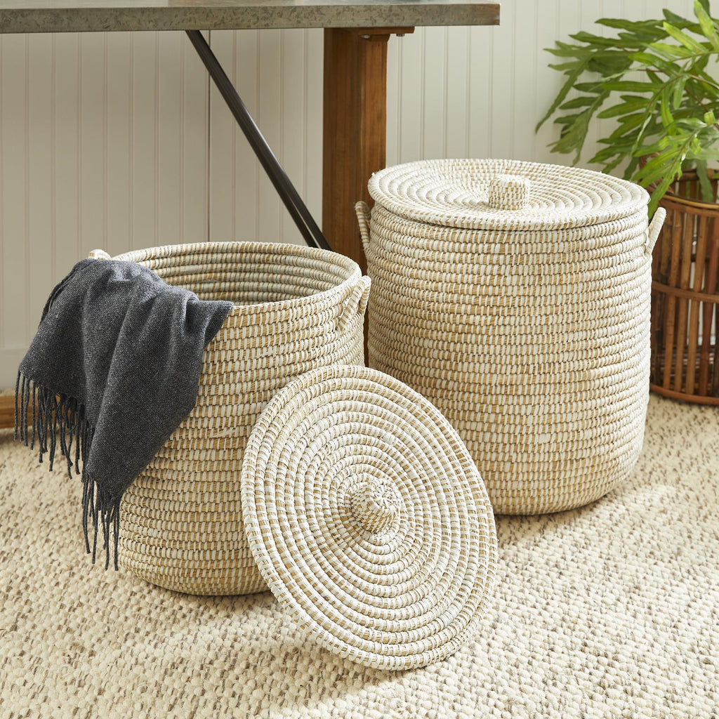 Napa White Rivergrass Hamper Baskets With Lids, Set Of 2