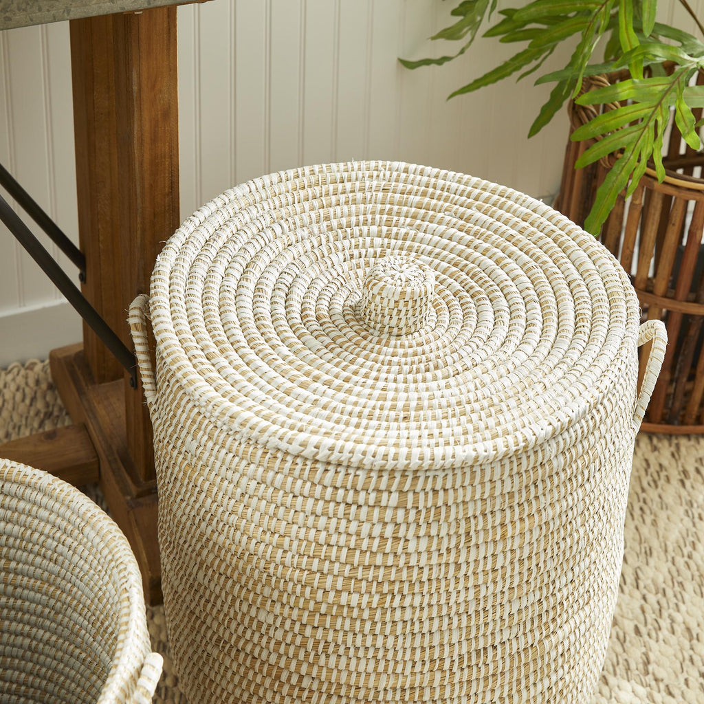 Napa White Rivergrass Hamper Baskets With Lids, Set Of 2