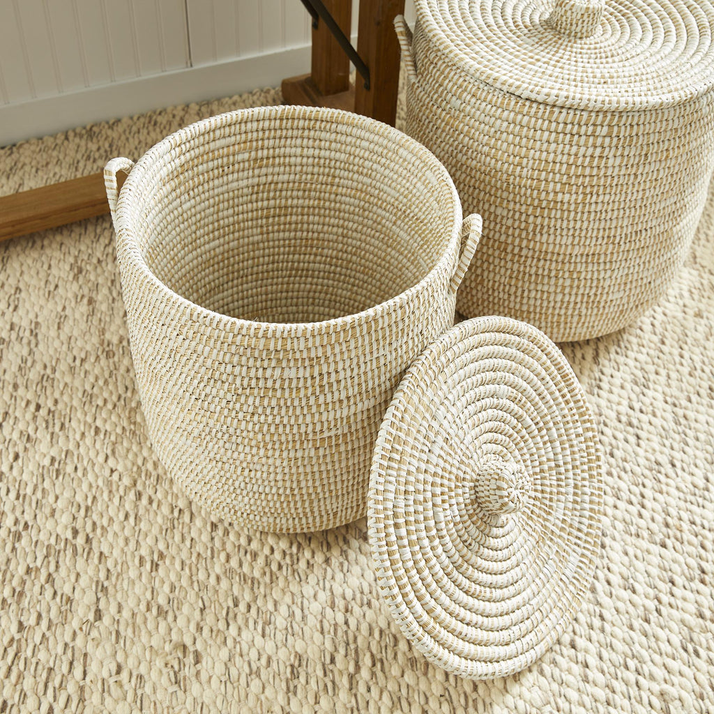 Napa White Rivergrass Hamper Baskets With Lids, Set Of 2