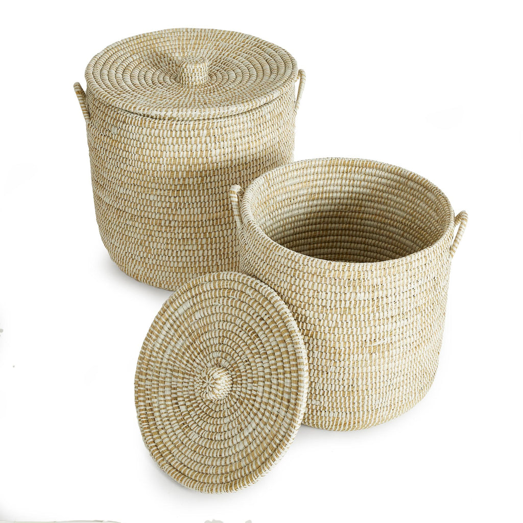 Napa White Rivergrass Hamper Baskets With Lids, Set Of 2