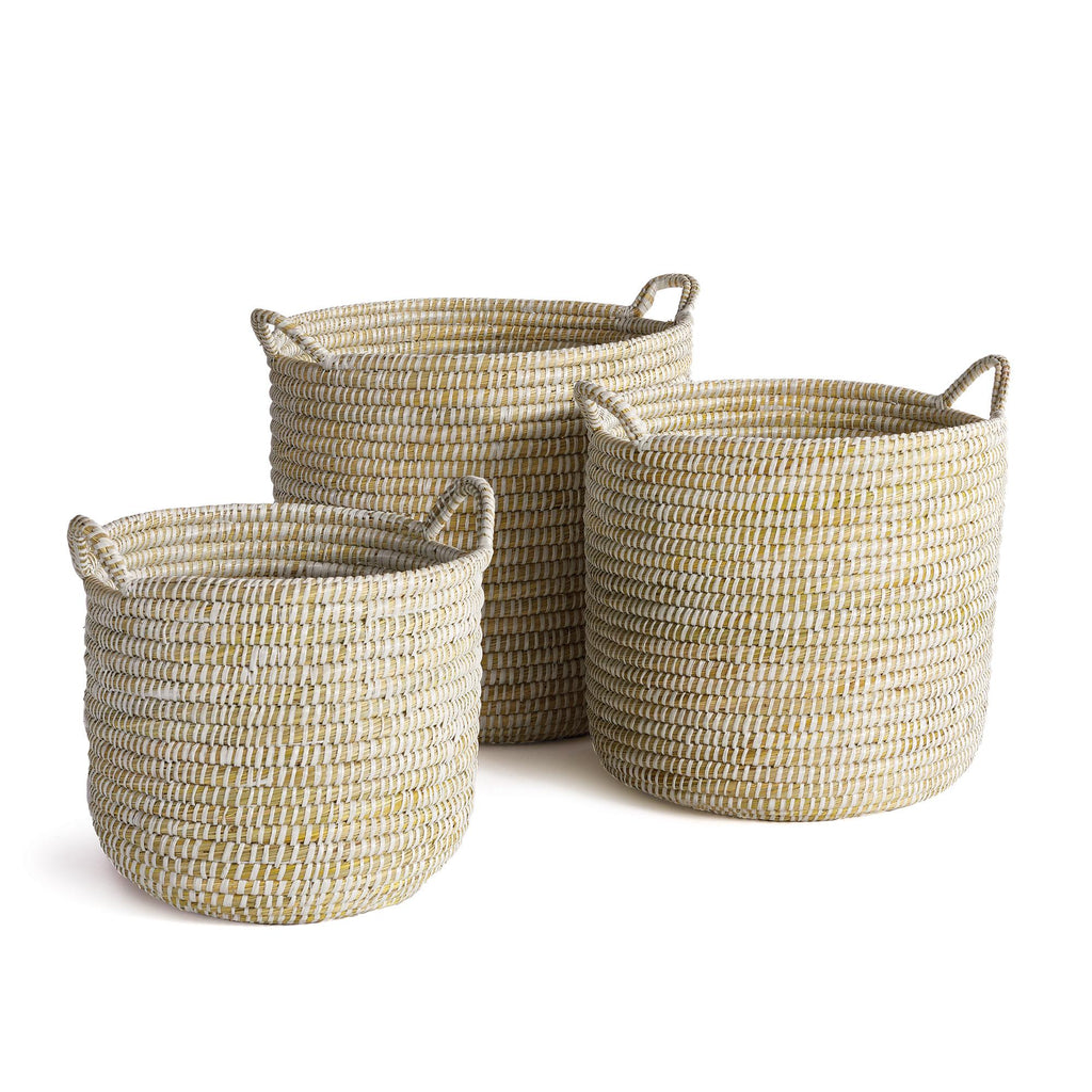 Napa White Rivergrass Round Baskets With Handles, Set Of 3