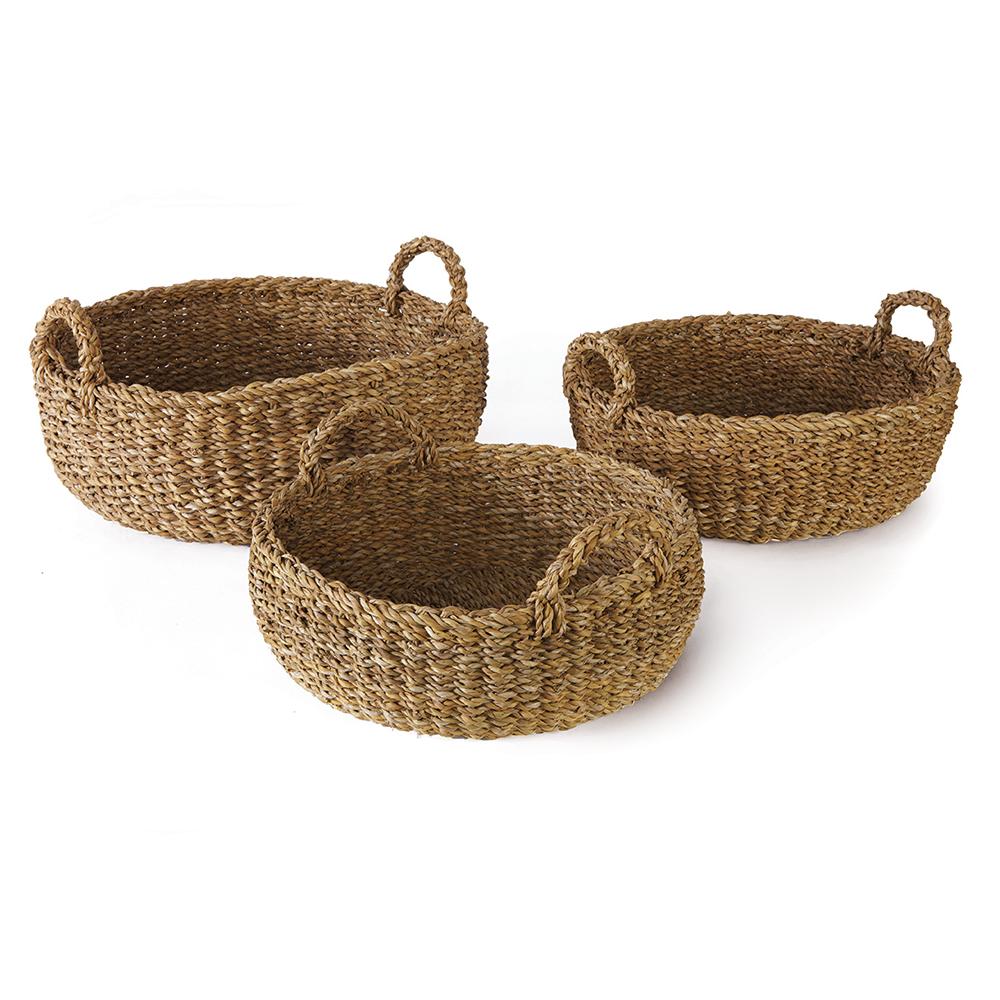 Napa Natural Seagrass Shallow Baskets With Handles, Set Of 3