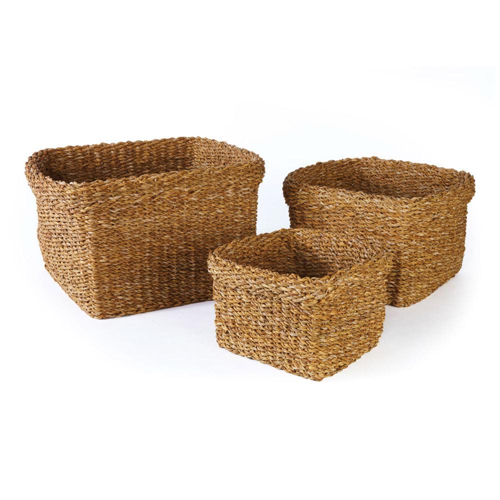 Napa Natural Seagrass Square Baskets With Cuffs, Set Of 3