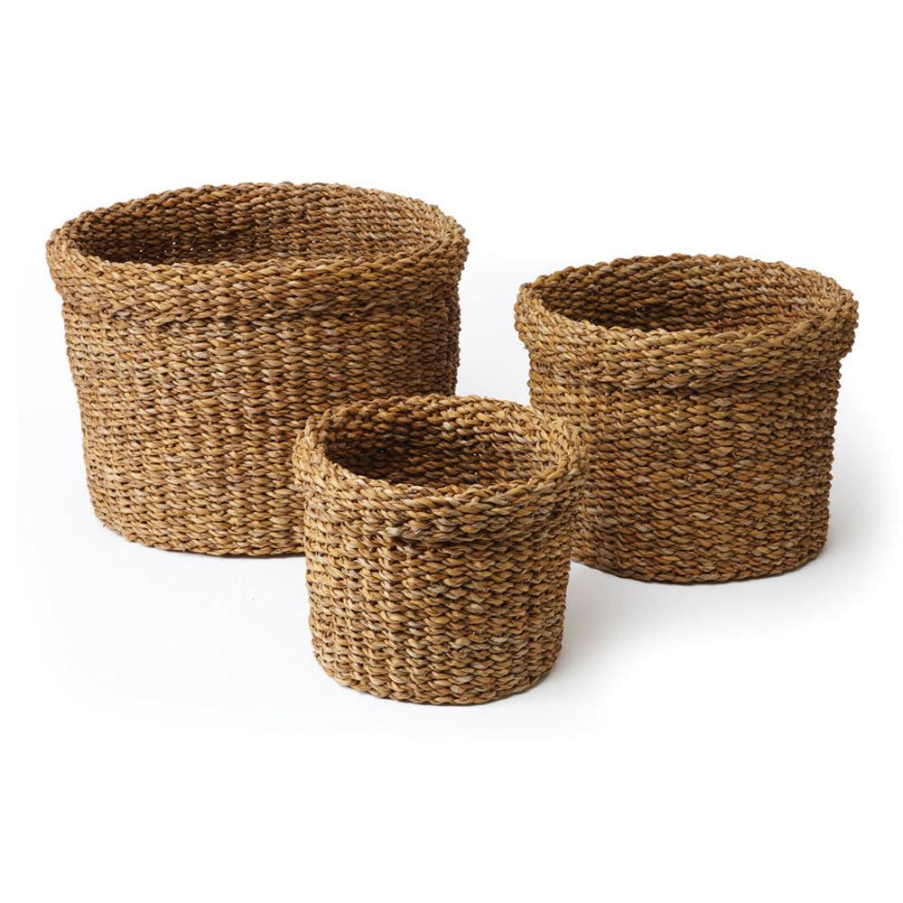 Napa Natural Seagrass Round Baskets With Cuffs, Set Of 3