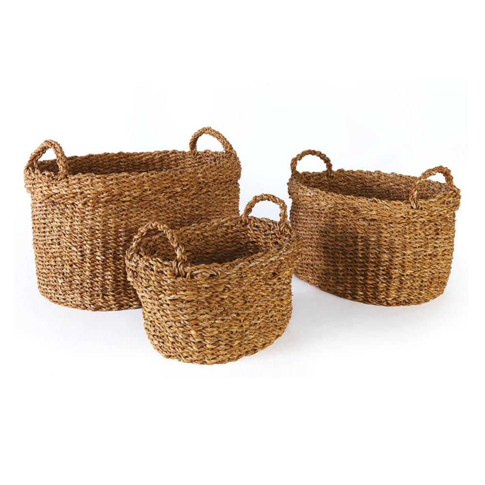 Napa Natural Seagrass Oval Baskets With Handles & Cuffs, Set Of 3