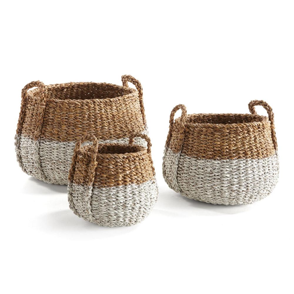 Napa Natural & White Seagrass Round Baskets With Handles, Set Of 3