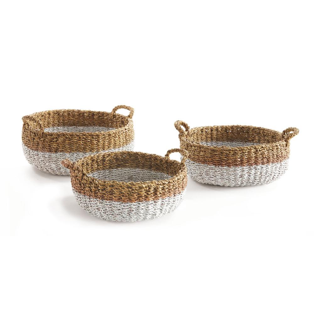 Napa Natural & White Seagrass Shallow Baskets With Handles, Set Of 3