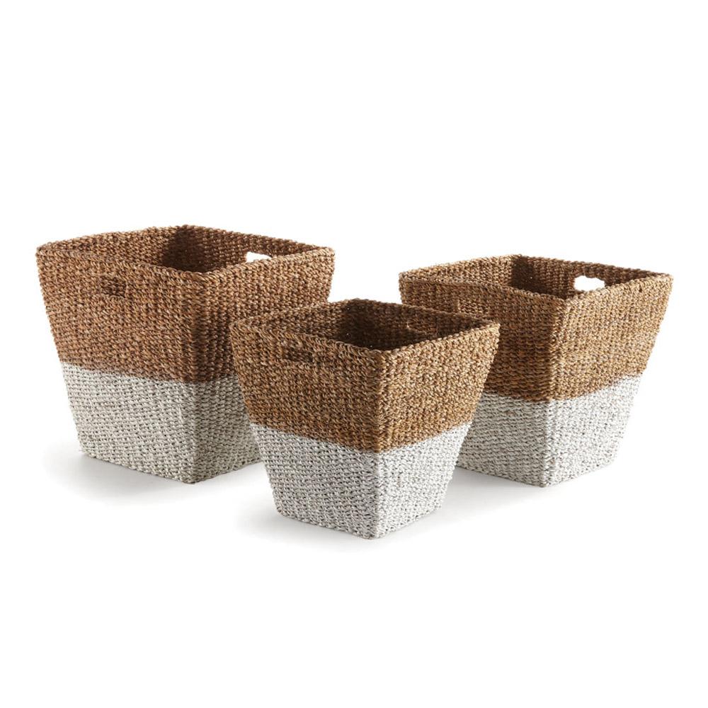 Napa Natural & White Seagrass Rectangular Storage Baskets, Set Of 3