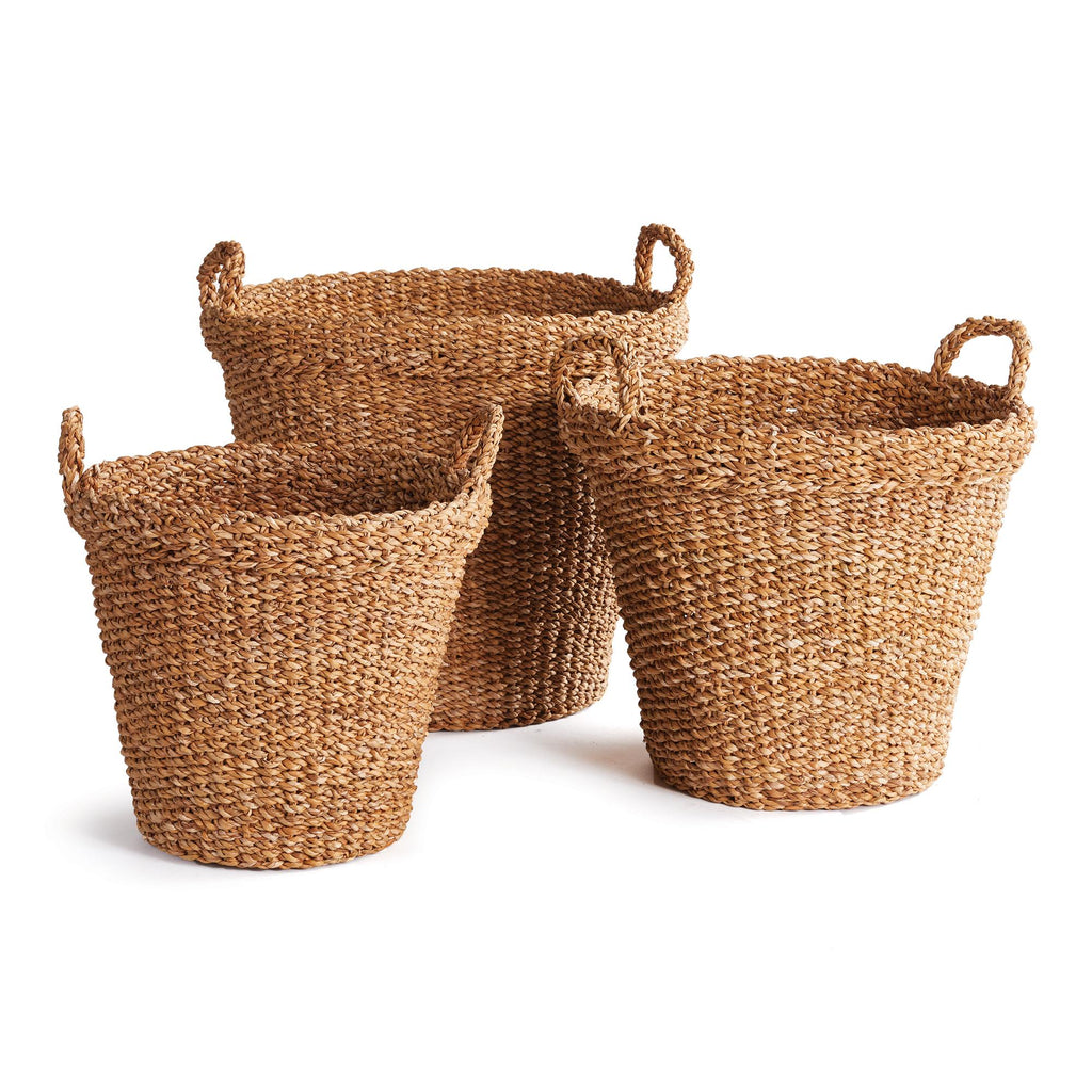 Napa Natural Seagrass Tapered Baskets With Handles And Cuffs, Set Of 3