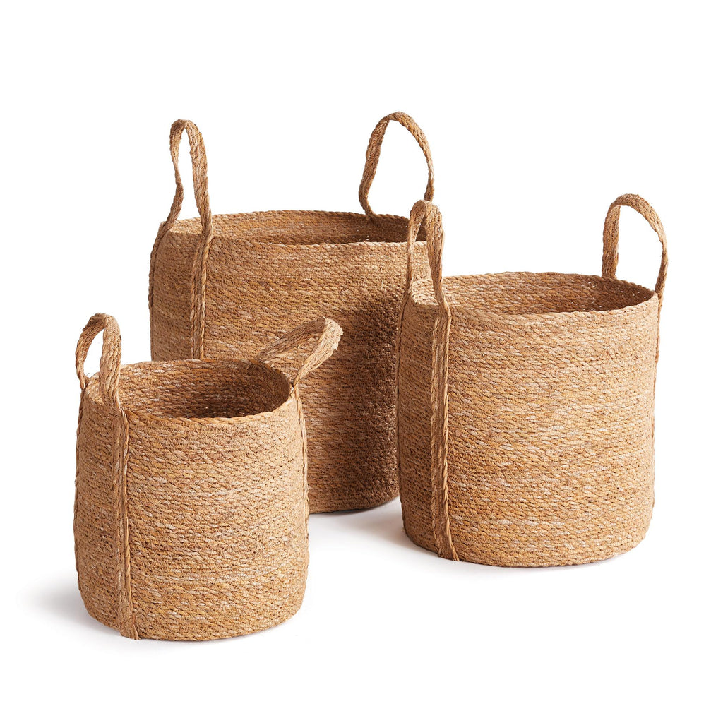 Napa Natural Seagrass Round Baskets With Long Handles, Set Of 3