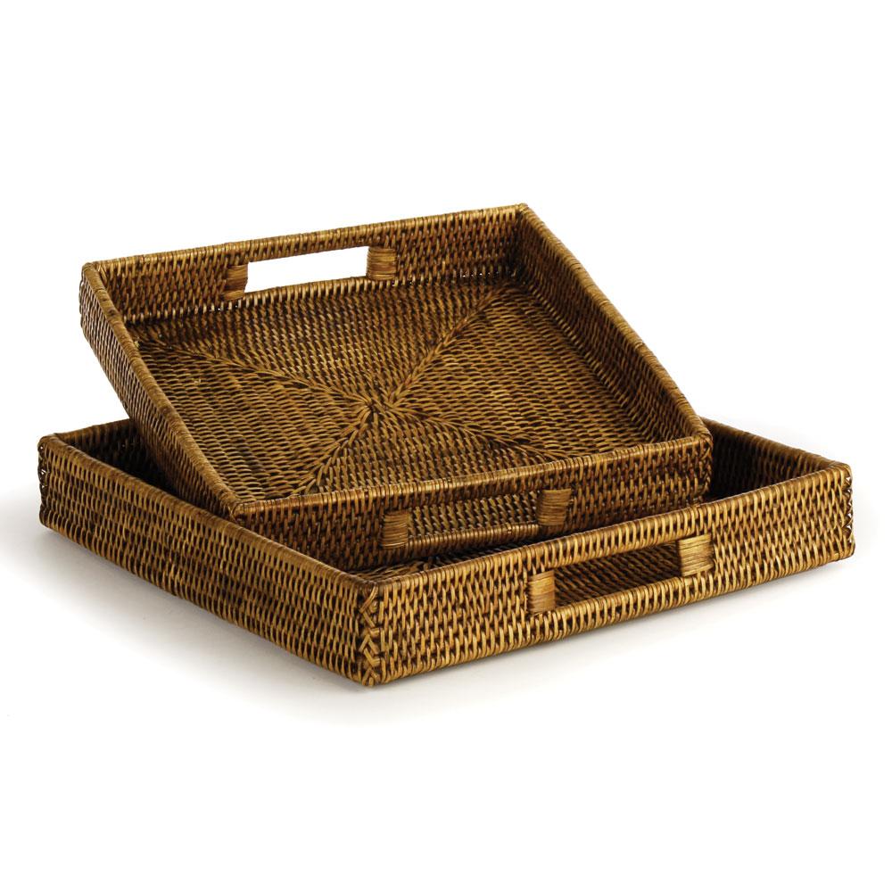 Napa Warm Brown Burma Rattan Square Table Trays, Set Of 2