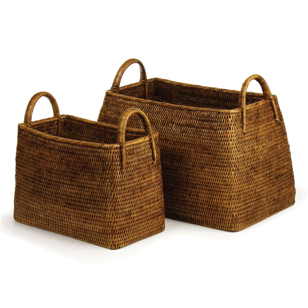 Napa Warm Brown Burma Rattan Narrow Magazine Baskets, Set Of 2