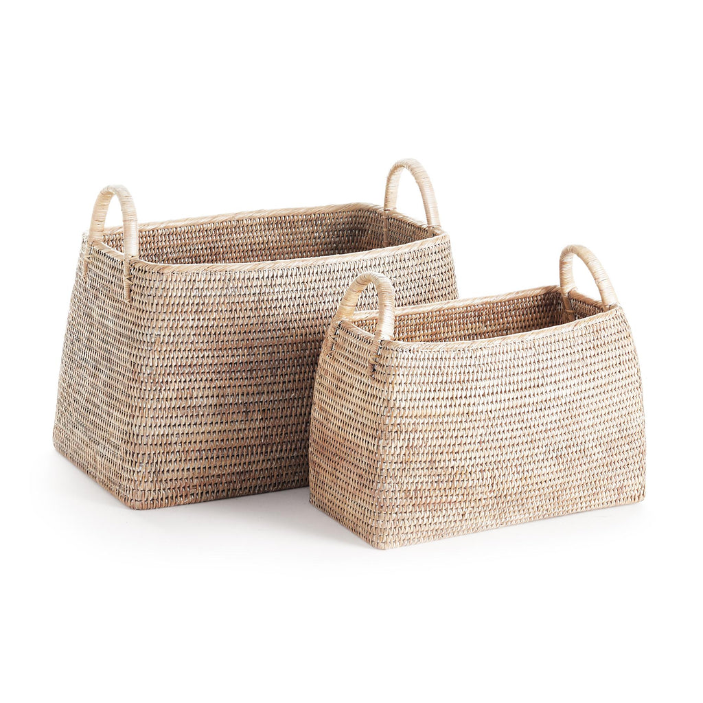 Napa Whitewash Burma Rattan Narrow Magazine Baskets, Set Of 2