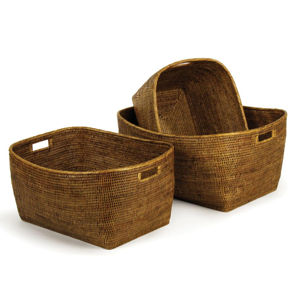 Napa Warm Brown Burma Rattan Family Baskets With Handles, Set Of 3