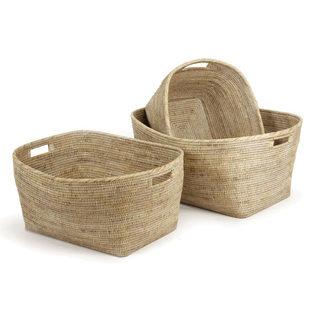 Napa Whitewash Burma Rattan Family Baskets With Handles, Set Of 3