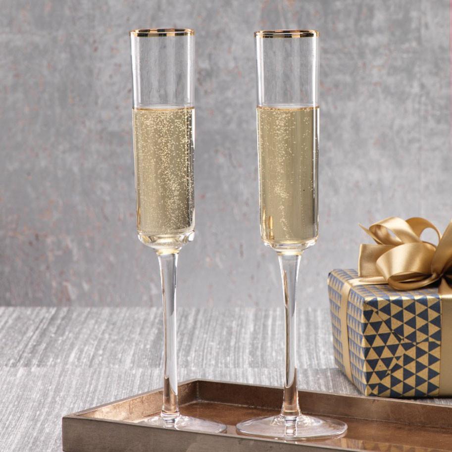 Zodax 11.25-Inch Tall Zalli Champagne Flute with Gold Rim, Set of 6