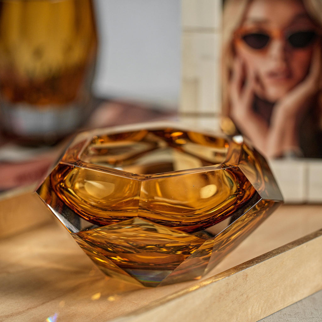 Zodax Amber Giacomo 4" Tall Hand Made Cut Polished Glass Bowl