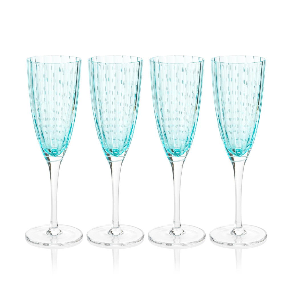 Zodax Aqua Blue Pescara White Dot Champagne Flutes, Set of 4