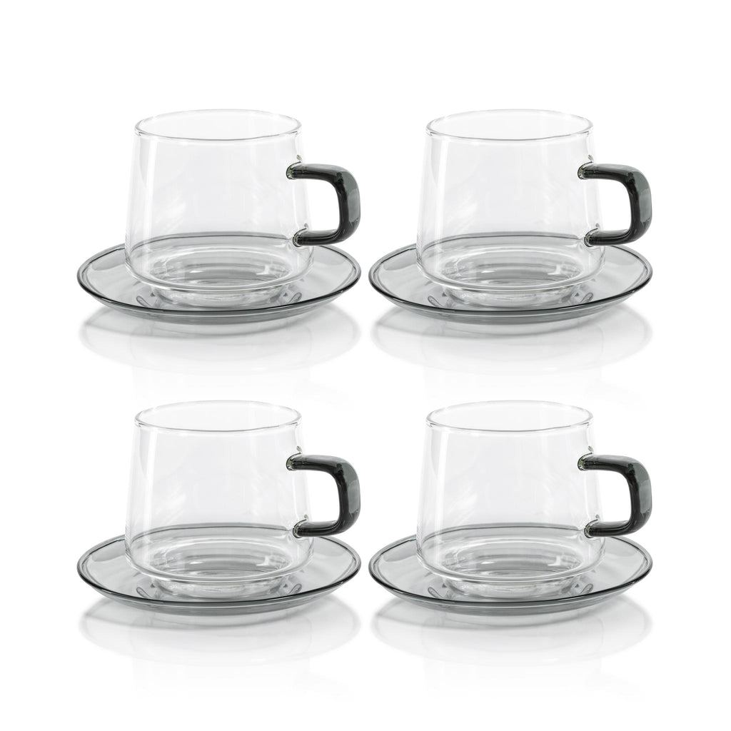 Zodax Gray Bergamo Glass Tea & Coffee Cups and Saucers, Set of 4