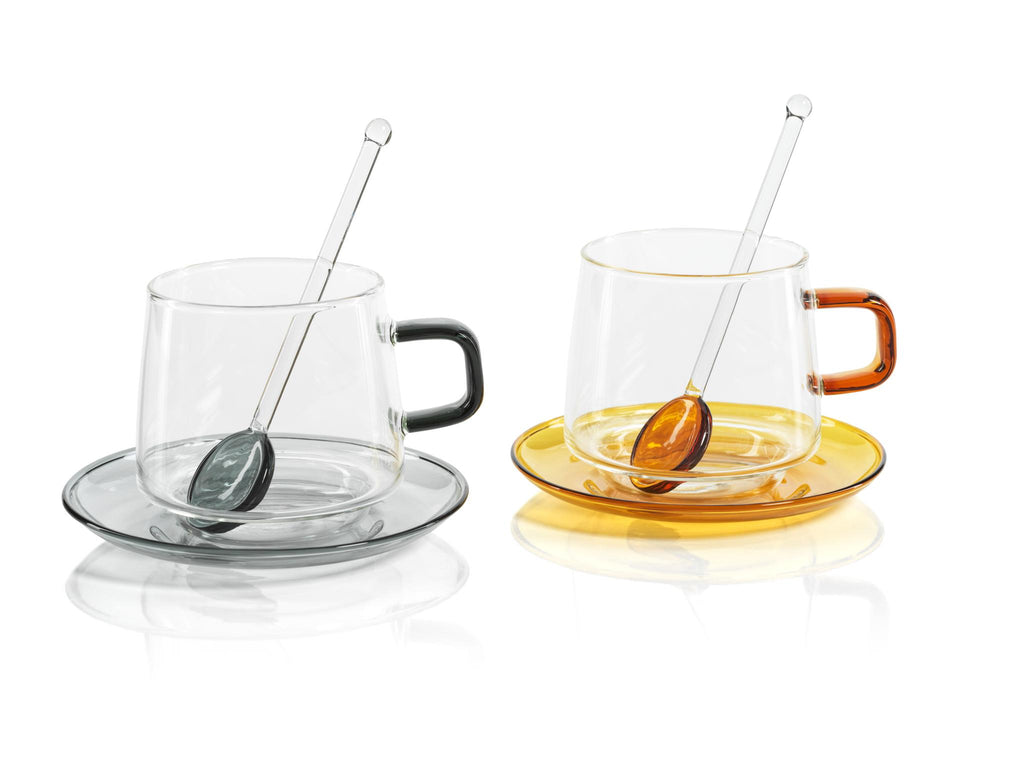 Zodax Gray Bergamo Glass Tea & Coffee Cups and Saucers, Set of 4