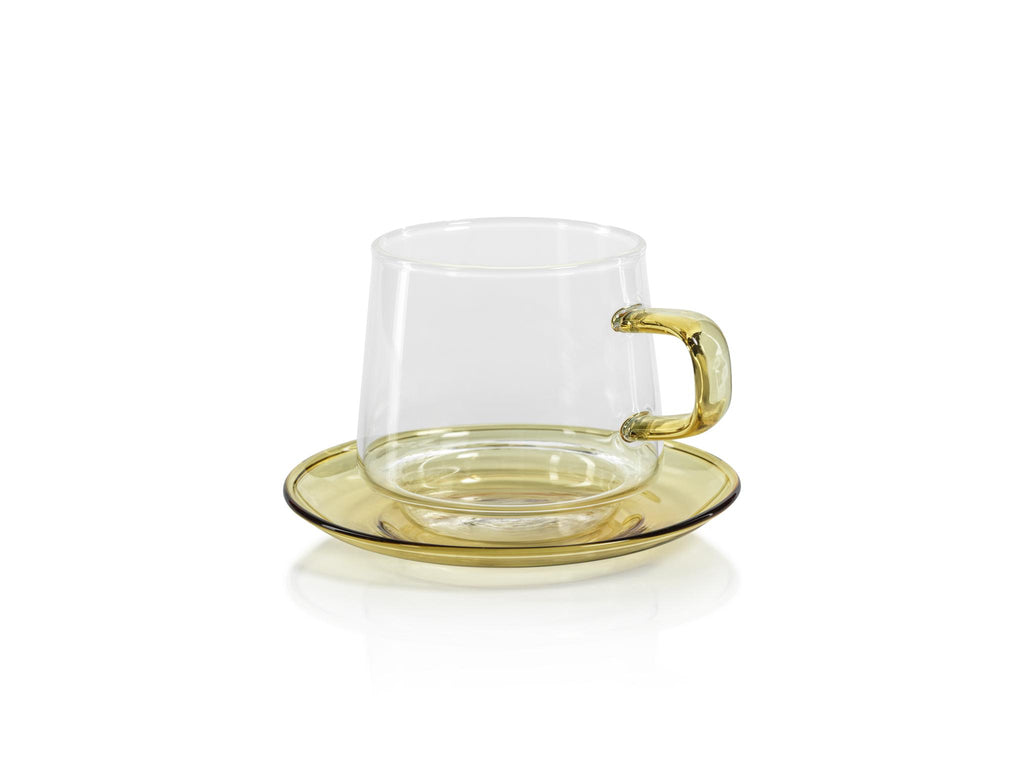 Zodax Yellow Bergamo Glass Tea & Coffee Cups and Saucers, Set of 4