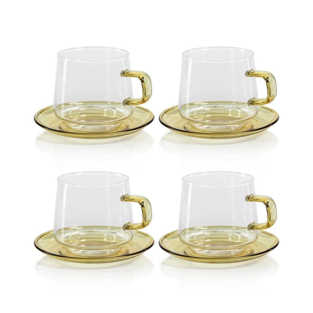 Zodax Yellow Bergamo Glass Tea & Coffee Cups and Saucers, Set of 4