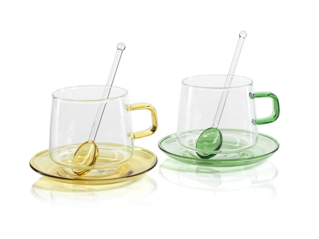 Zodax Yellow Bergamo Glass Tea & Coffee Cups and Saucers, Set of 4