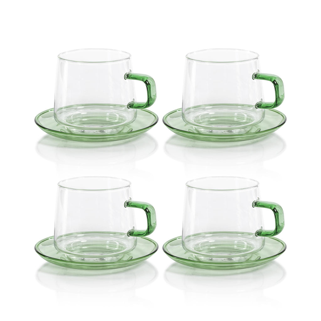 Zodax Green Bergamo Glass Tea & Coffee Cups and Saucers, Set of 4