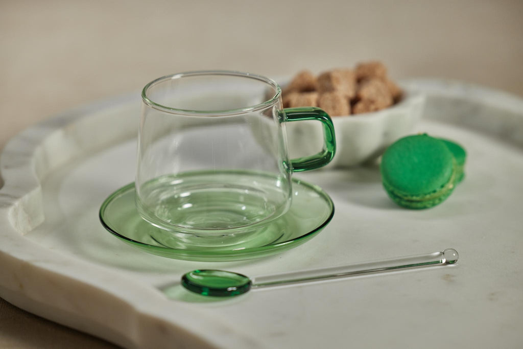 Zodax Green Bergamo Glass Tea & Coffee Cups and Saucers, Set of 4