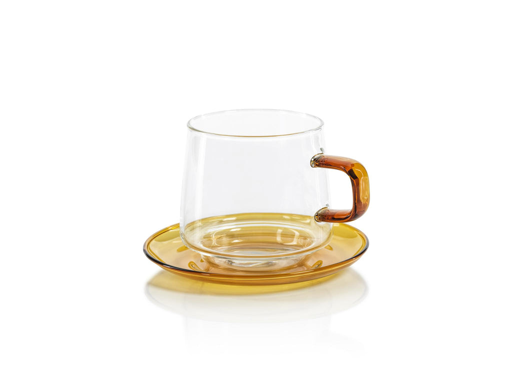 Zodax Amber Bergamo Glass Tea & Coffee Cups and Saucers, Set of 4