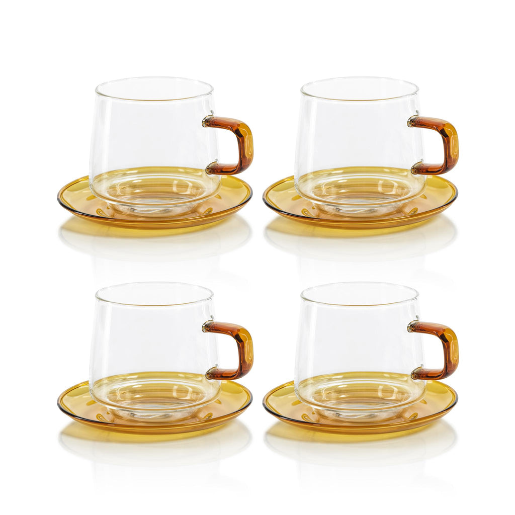 Zodax Amber Bergamo Glass Tea & Coffee Cups and Saucers, Set of 4