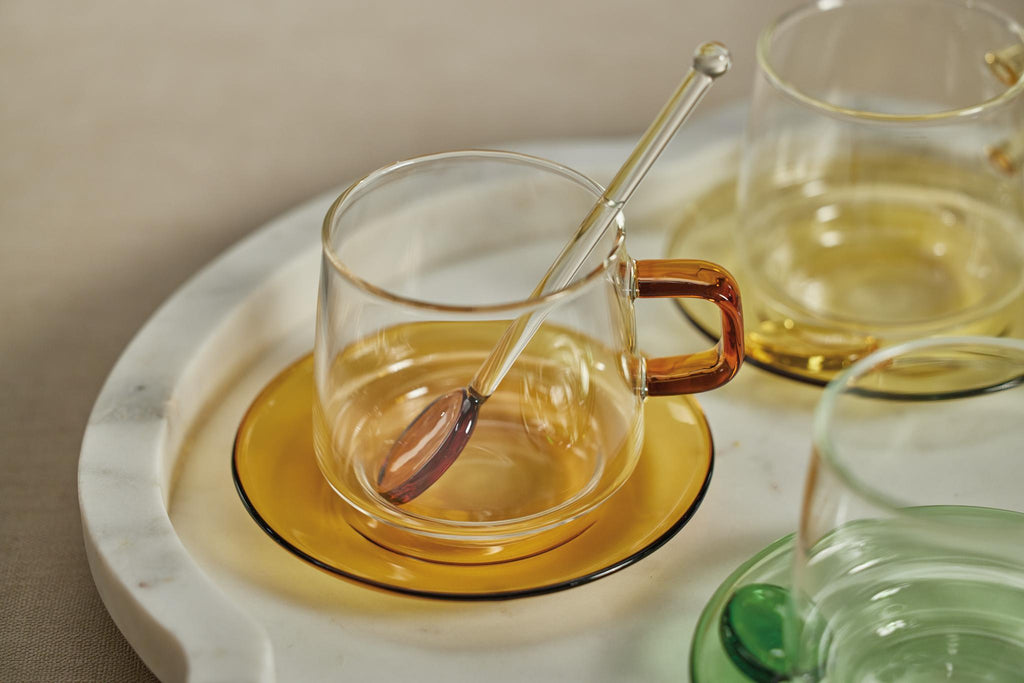 Zodax Amber Bergamo Glass Tea & Coffee Cups and Saucers, Set of 4