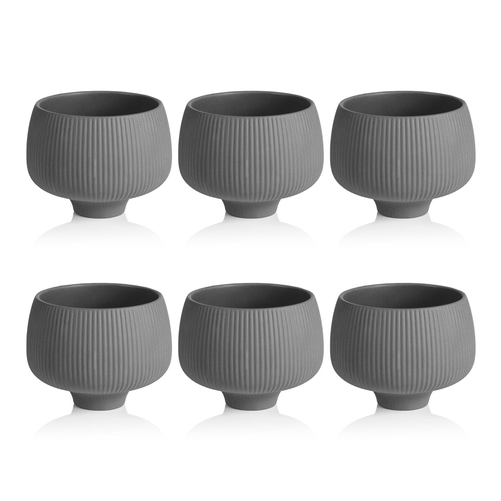 Zodax Charcoal Acerra 4.75" Ridged Condiment Porcelain Bowls, Set of 6