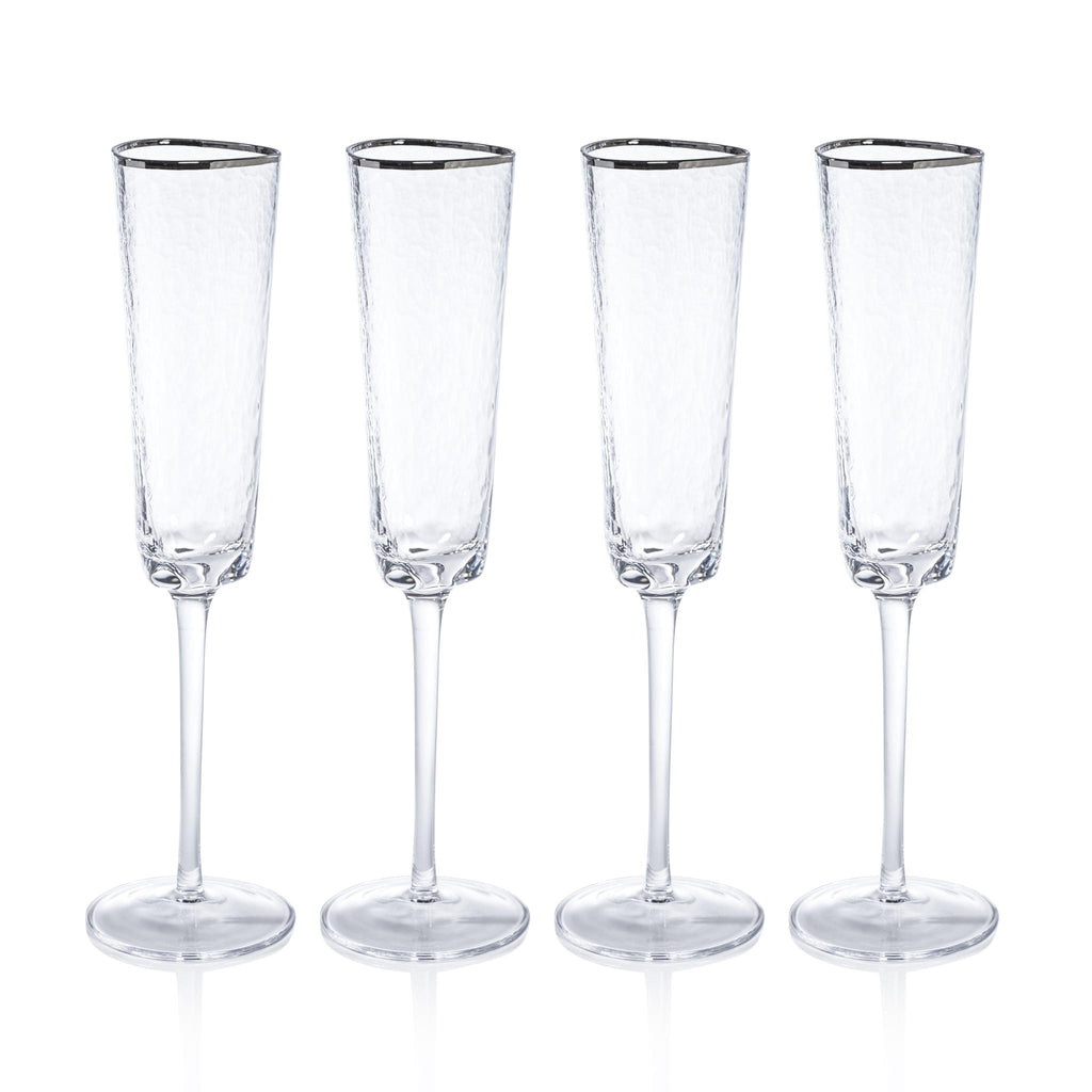 Zodax Kampari Triangular Champagne Flutes  with Platinum Rim, Set of 4