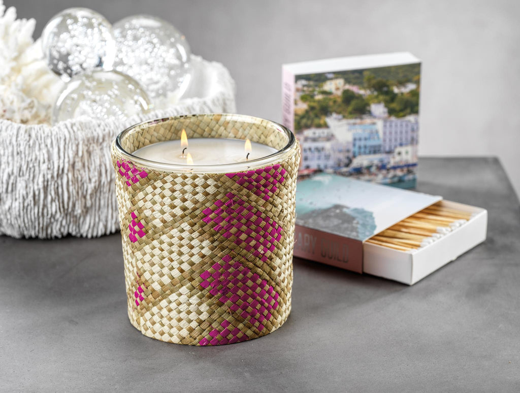 Zodax Pink & White Boardwalk Mia Handwoven Scented Candle Jar,  Pink & White Boardwalk