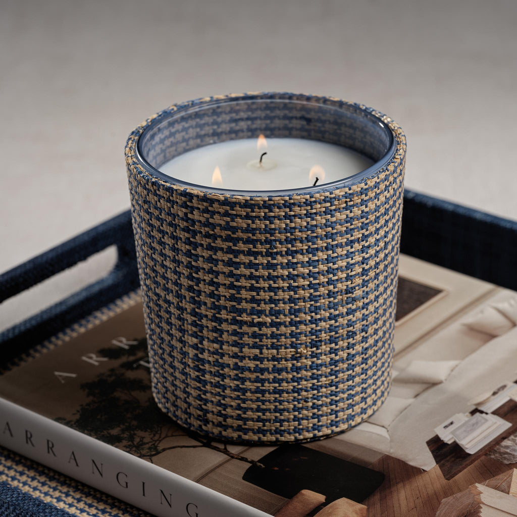 Zodax Sunset Beach Scented Candle in Natural Blue Houndstooth Basket