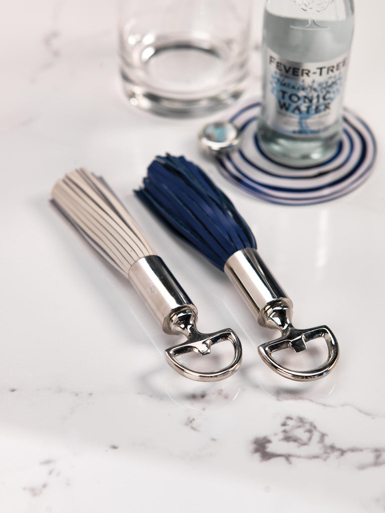 Zodax Blue Royal Leather Tassel Nickel Bottle Openers, Set of 2