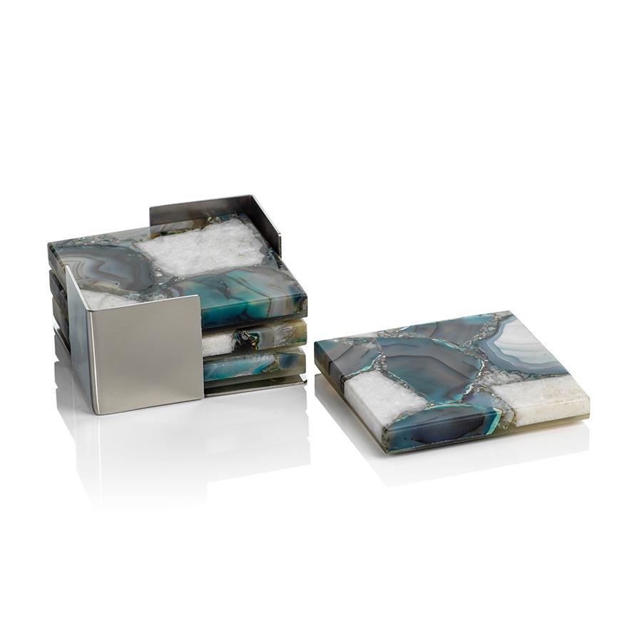 Zodax Green, White Corfu 4-Piece Set Agate Coasters on Metal Tray