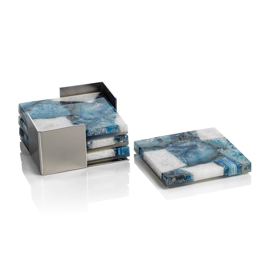 Zodax Blue, White Corfu 4-Piece Set Agate Coasters on Metal Tray