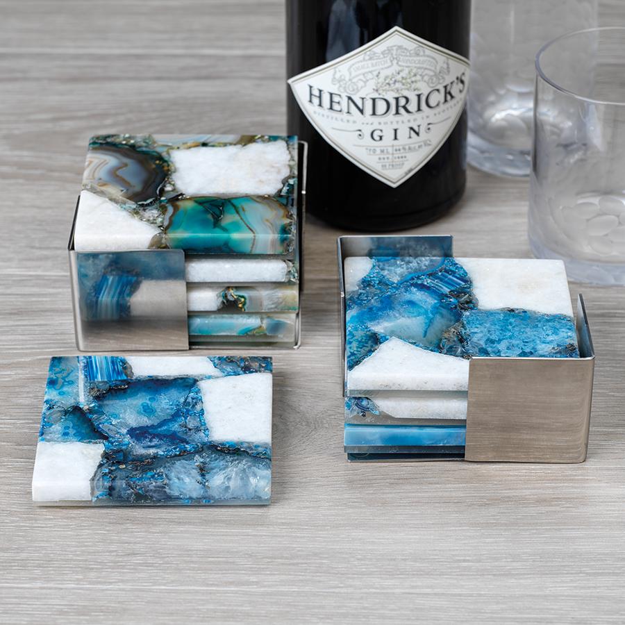 Zodax Blue, White Corfu 4-Piece Set Agate Coasters on Metal Tray