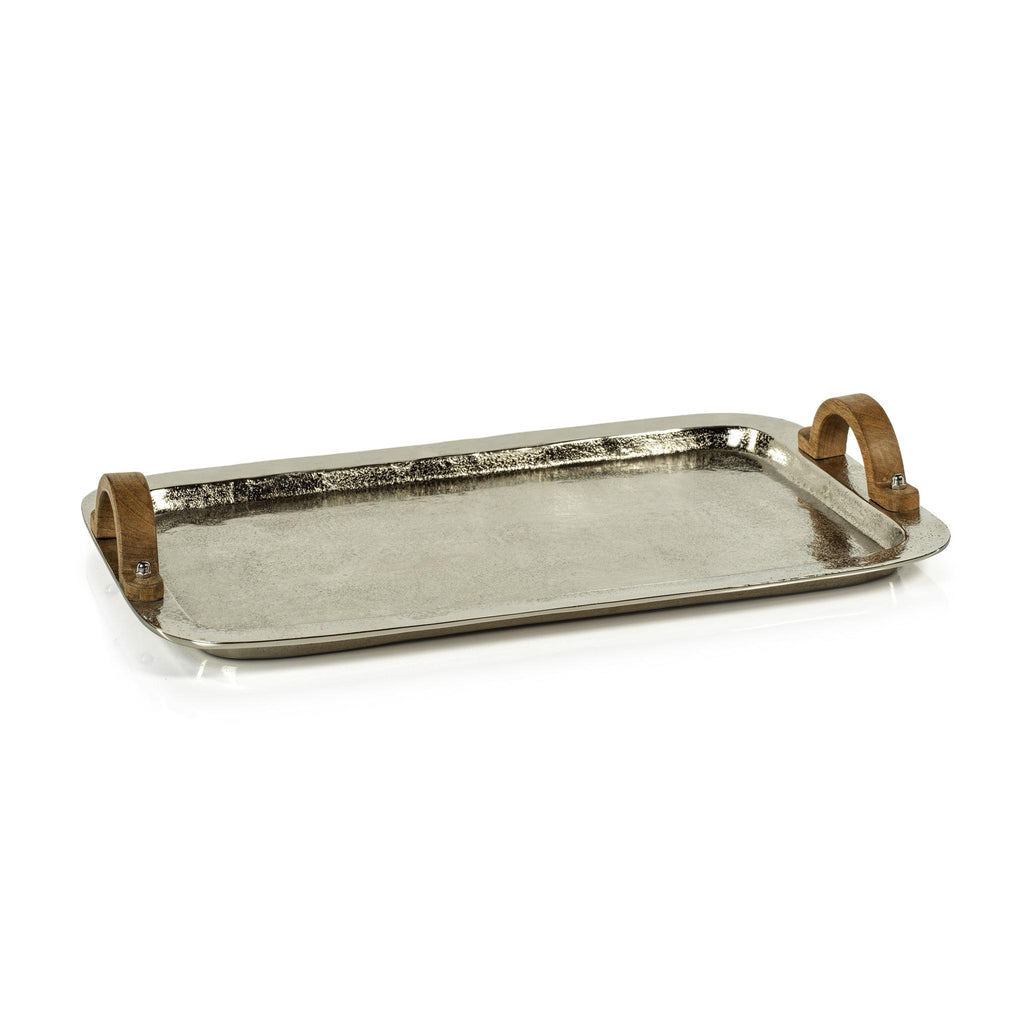 Zodax 14.5" Wide Clamart Nickel Aluminum Tray with Wood Handles