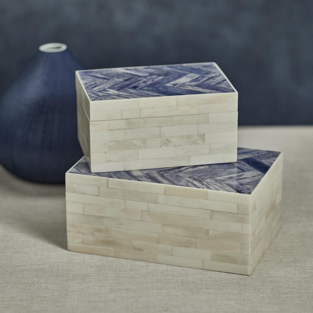 Zodax Small Mahar Bone Box w/ Blue Herringbone Pattern Lid