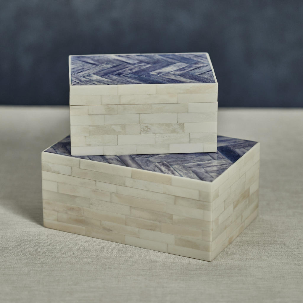 Zodax Small Mahar Bone Box w/ Blue Herringbone Pattern Lid