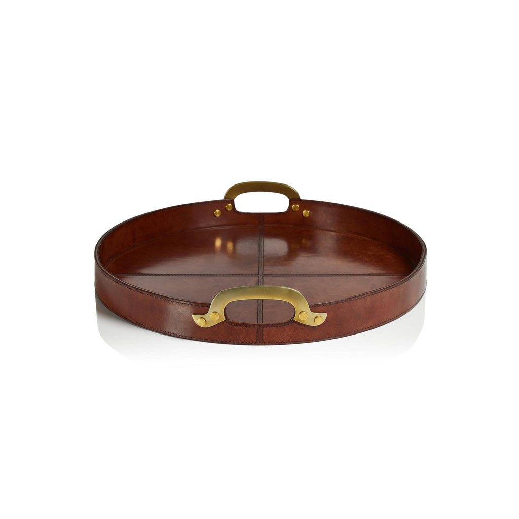 Zodax 20" Almond Brown Harlow Leather with Brass Handles Round Tray