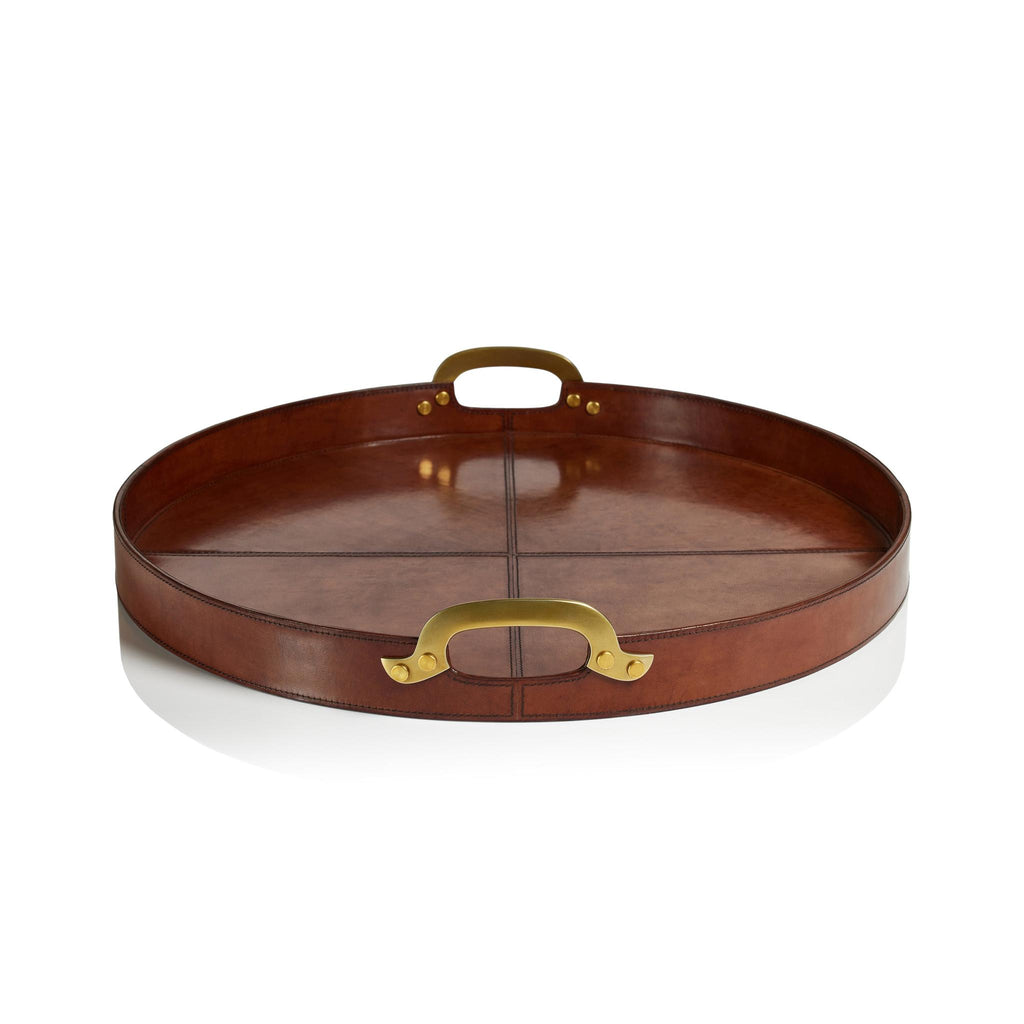 Zodax 24" Almond Brown Harlow Leather with Brass Handles Round Tray