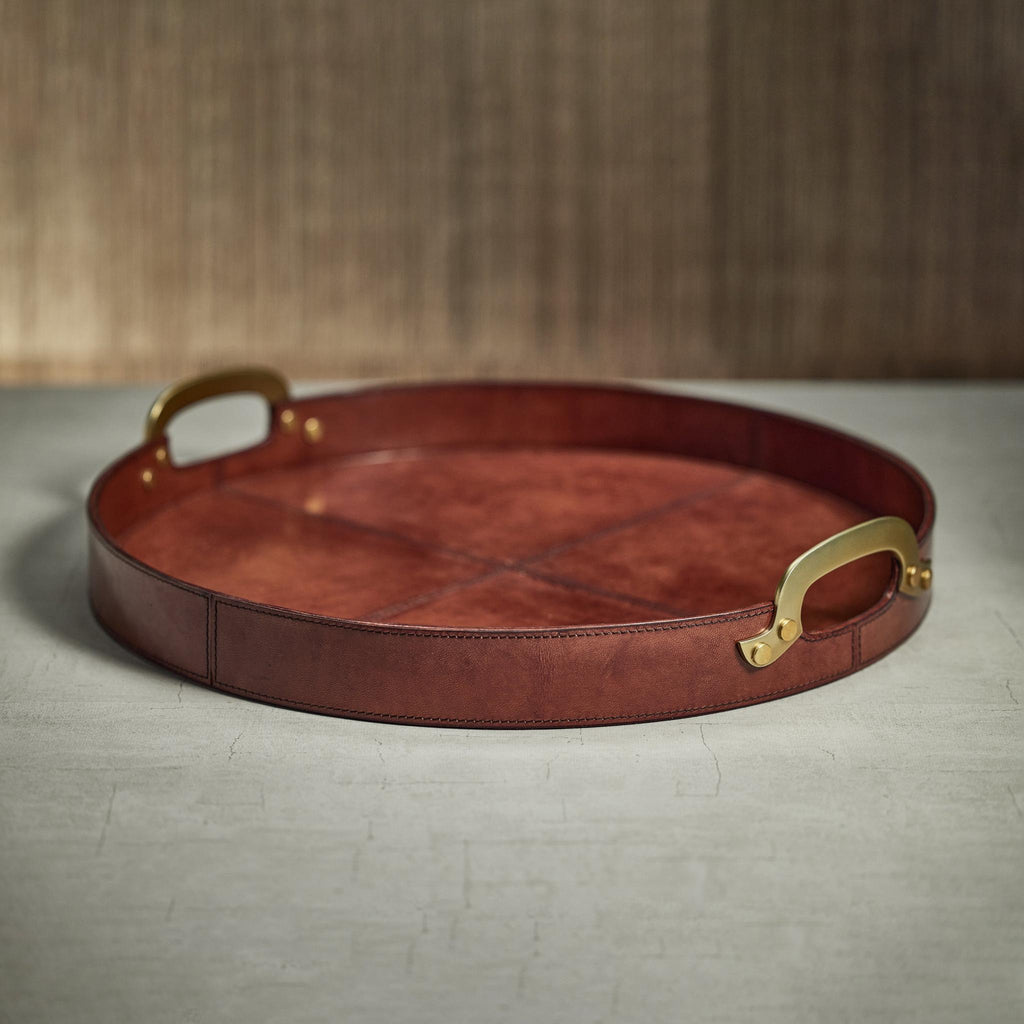 Zodax 24" Almond Brown Harlow Leather with Brass Handles Round Tray