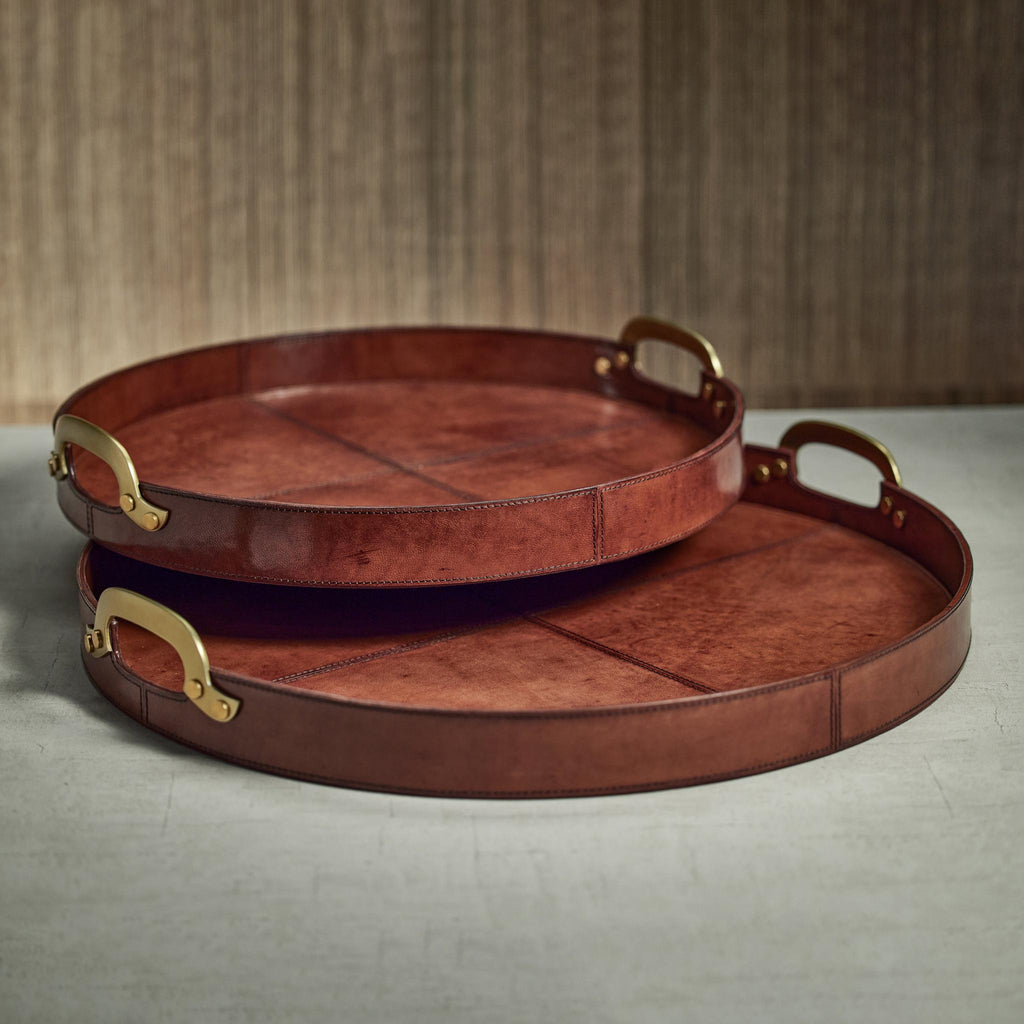 Zodax 24" Almond Brown Harlow Leather with Brass Handles Round Tray