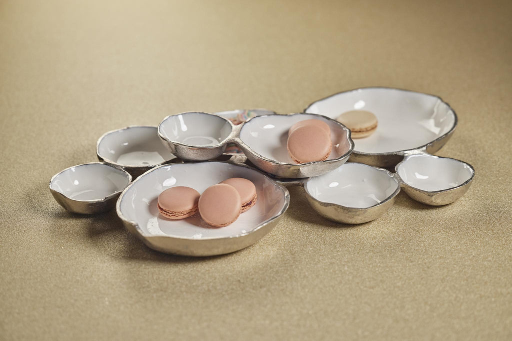 Zodax Silver Cluster of Nine Round Serving Bowls with White Enamel Interior